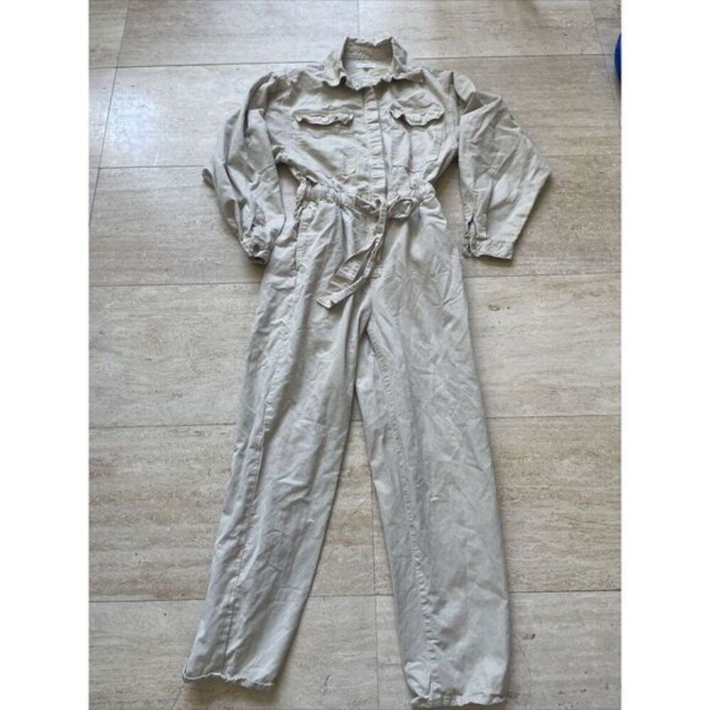 Good American Beige Solid Elastic Cinched Long Sleeve Collared Jumpsuit‎ Size 0